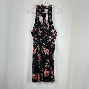 Lush Black Pink Floral Velvet Halter Dress Large